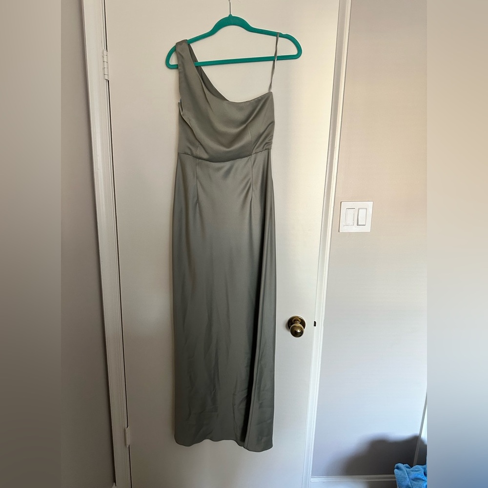 BHLDN One-Shoulder Sage Green Satin Gown - Picture 5 of 14